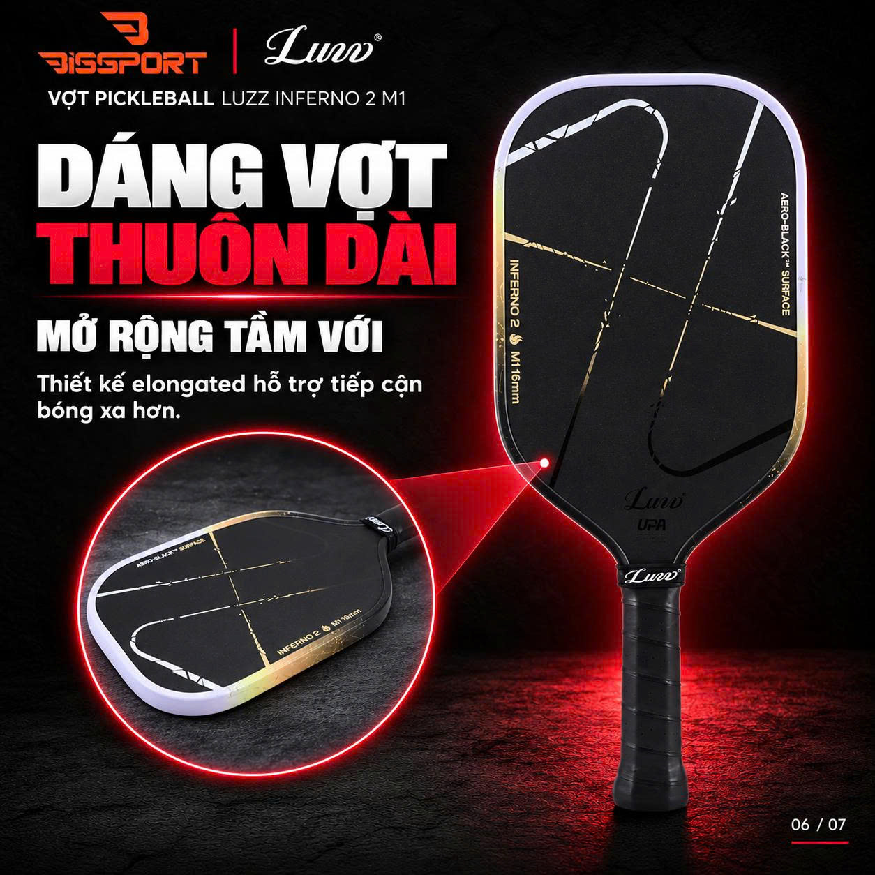 Vợt Pickleball LUZZ Inferno2 M1 Chính Hãng - 16mm - Lõi Foam MPP2 - Đánh Công Mạnh - Xoáy Tốt - Bền Bỉ - Ổn Định